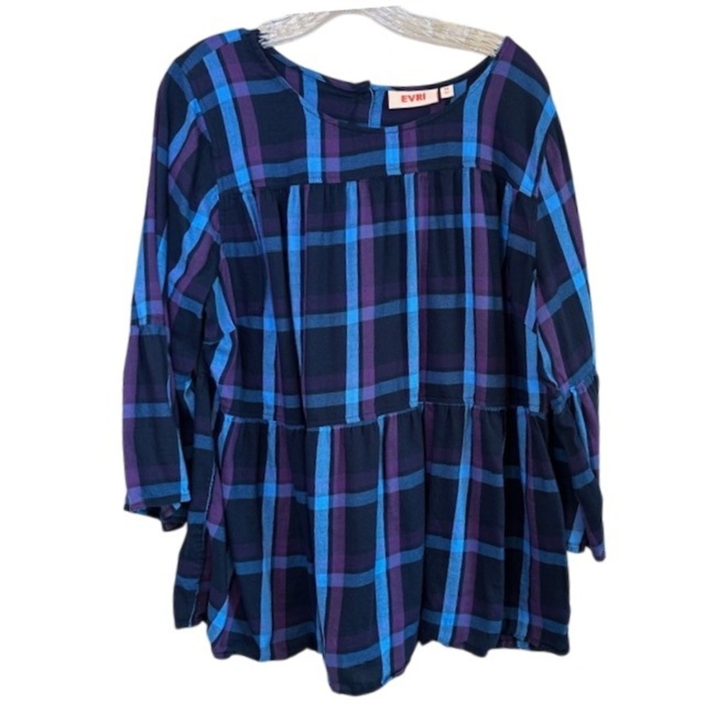 EVRi Women's Black Blue Purple Plaid 3/4 Sleeve Tunic Blouse Size 1X